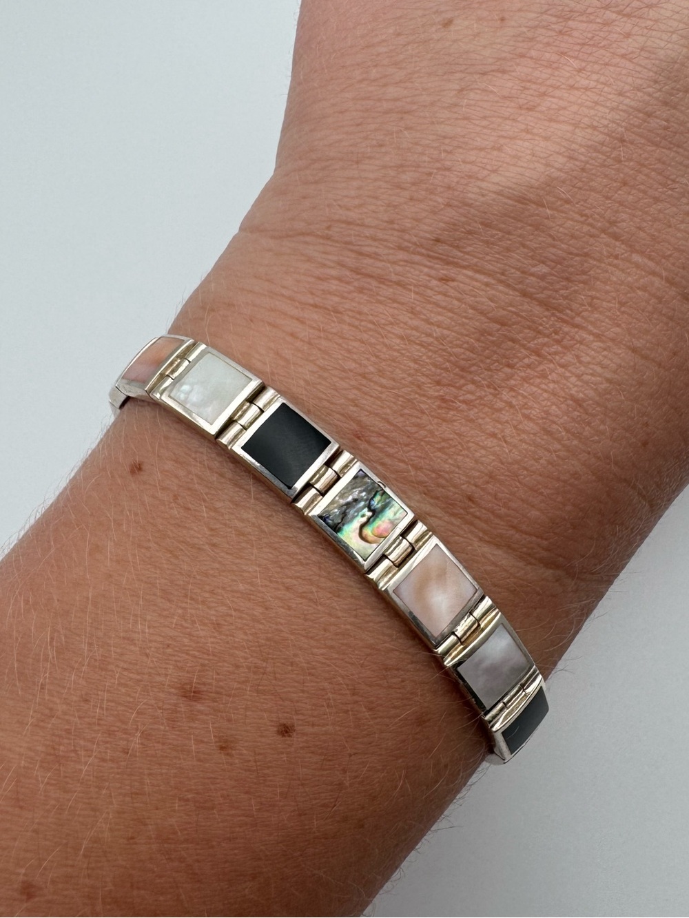 Sterling Silver 925 Onyx MOP Abalone Square Link Bracelet